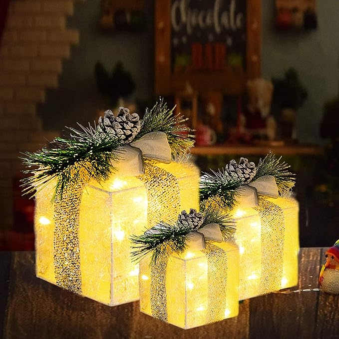 Hourleey Set of 3 Christmas Lighted Gift Boxes, Pre-lit 60 LED Light Up Present Boxes Ornament Outdoor Warm White Tinsel Boxes Decoration for Indoor Christmas Home Yard Lawn Decor