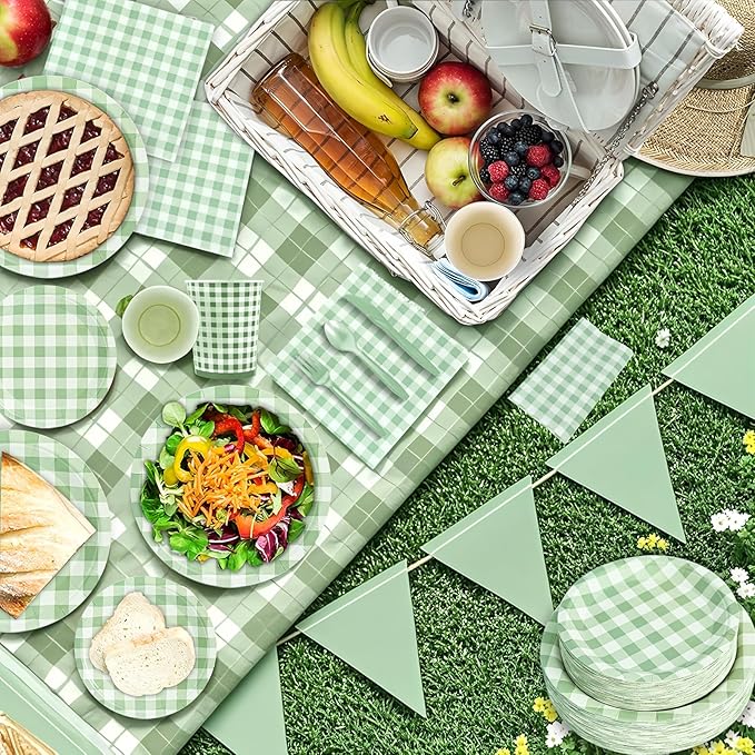 180Pcs Green Gingham Party Supplies Paper Plates and Napkins Serve 60 Disposable Tableware Set for Birthday Party Decorations Game Day Family School Holiday Sports Events