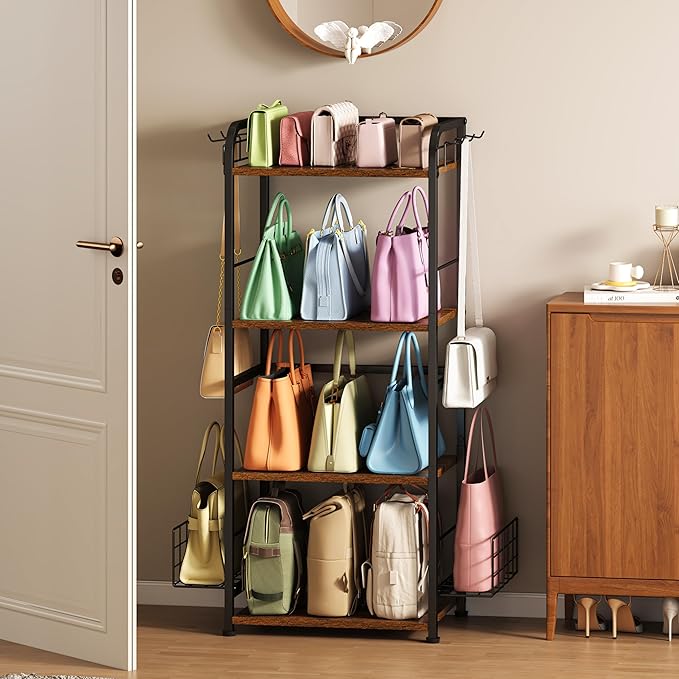 4-Tier Purse Organizer for Closet with 3 Side Hooks and 2 Baskets, High Capacity Purse Rack Stand for Purse Storage, Metal & Wood Handbag Holder for Handbag Organizer, Patent Pending