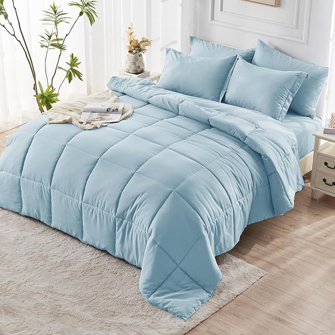 JOLLYVOGUE King Comforter Set, Ultra-Soft Bed in a Bag King Size 7 Pieces, Oeko-TEX Certified Bedding Set with Down Alternative Comforter, Sheets, Pillowcases & Shams, Lake Blue