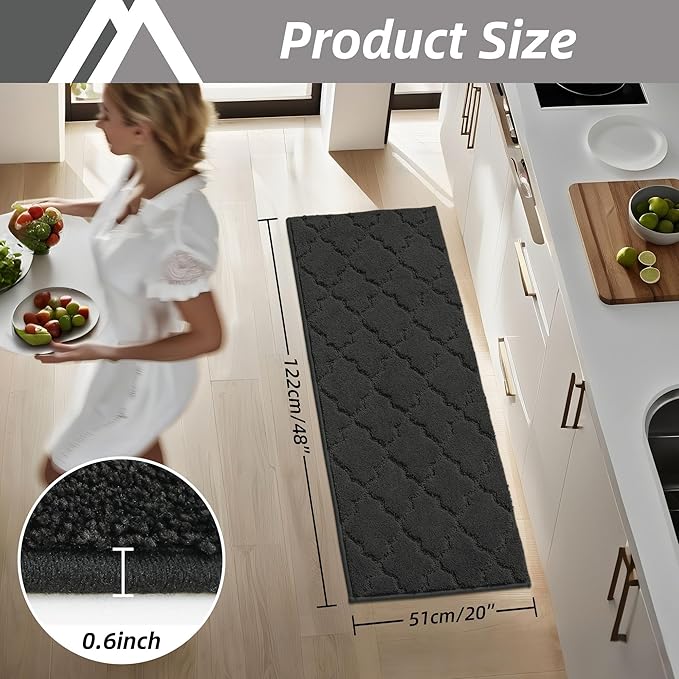 COSY HOMEER-Kitchen-Rugs 20"x48" Non-Slip Absorbent Soft Kitchen Runner Rug Polyester Kitchen Mats for Floor Washable Kitchen Standing Floor Mat for Sink Mat,Hallway,Laundry,Black
