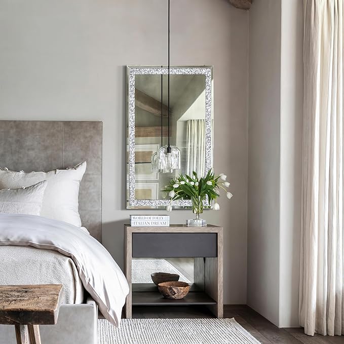 Crystal Crush Diamond Mirror-46.5"x31" Silver Mirror, Gorgeous Wall Mirror, Rectangle Mirrors for Wall Bathroom, Bedroom, Dining Room and Living Room