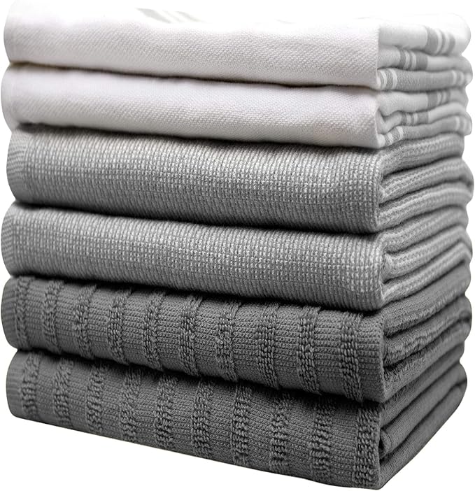 Premium Kitchen Towels (20”x 28”, 6 Pack) | Large Kitchen Hand Towels | Kitchen Towels Cotton | Flat & Terry Towel | Highly Absorbent Tea Towels Set with Hanging Loop | Wide Stripe Grey