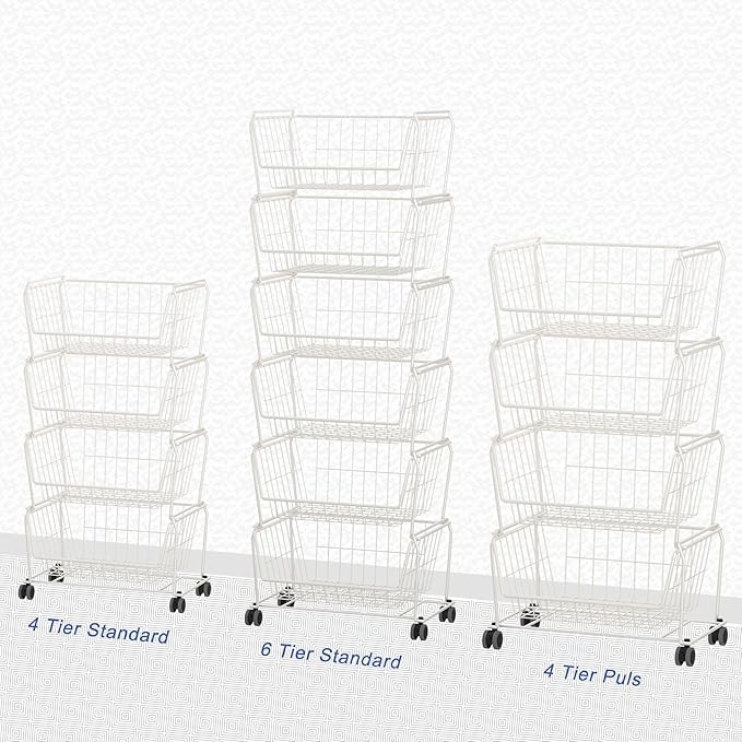 PUSDON Stackable Metal Storage Carts, Dual Use Shelf for Kitchen Fruit Vegetable Baskets with Wheels, Storage Rack for Living Room, Home & Office, Standard White 6 Tiers