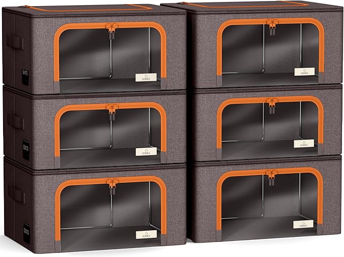 Sorbus Storage Bins with Metal Frame - Stackable & Foldable Clothes Organizer Bags - Oxford Fabric Storage Containers with Large Clear Window & Carry Handles, Bedroom Organization for Bedding & Linen