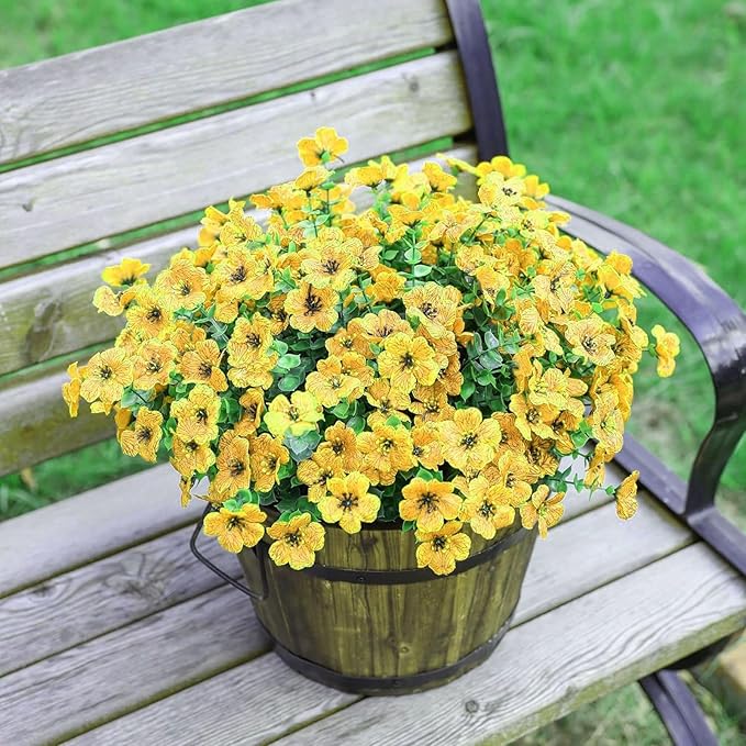 Artificial Faux Plants Flowers Outdoor Fall Seasonal Decoration, 12 Bundles Artificial Flowers Outdoor UV Resistant Fake Plastic Flowers Faux Plants for Planter Porch Patio Christmas Decor