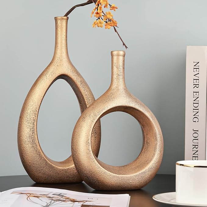 Gold Ceramic Hollow Elliptical Vase Set of 2 - Boho Circle Vase with Hole, for Modern Gold Table Decor, Living Room Decor Shelf mid Century Modern Home Entrance Decorative vase