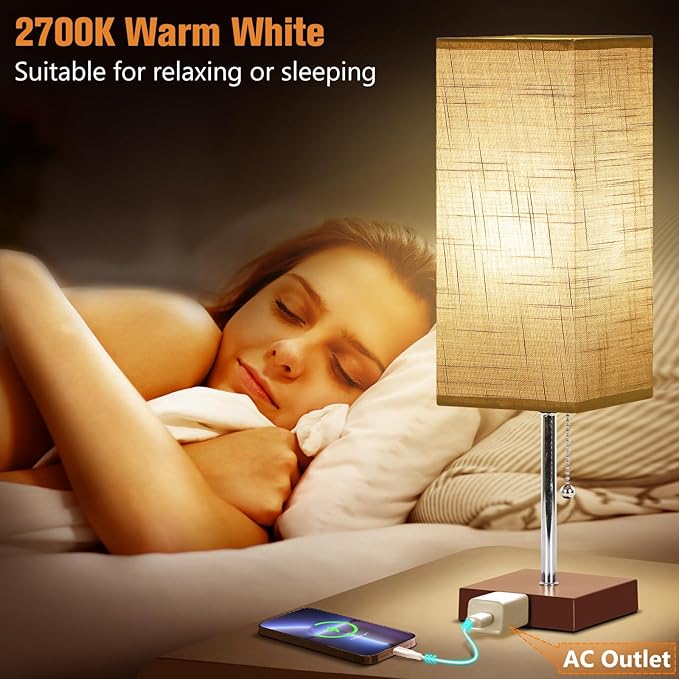 Table Lamp for Bedroom Set of 2, Bedside Lamps with 3 Color Temperatures Night Light, Lamp for Night Stands with AC Outlet and Square Shade, Pull Chain Small Desk Lamp for Living Room Home Decor