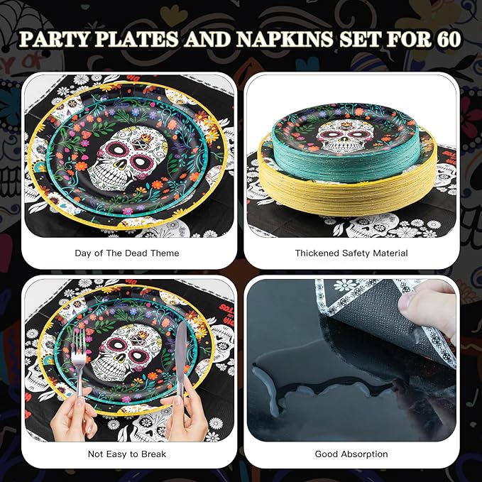 180Pcs Day of the Dead Party Supplies Paper Plates and Napkins Serve 60 Disposable Tableware Set for Birthday Party Decorations Game Day Family School Holiday Sports Events