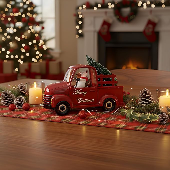 Christmas Snow Water Lantern Glittering Snowman and Pup in Red Truck with Christmas Tree, USB Lined/Battery Operated Lighted Spinning Lantern for Christmas Festival Decoration Gifts