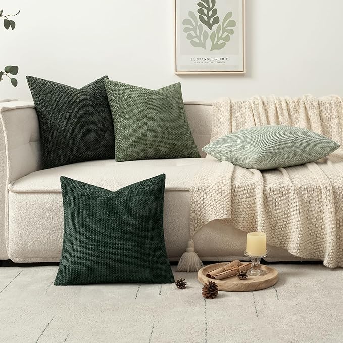 MIULEE Pack of 4 Couch Throw Pillow Covers 18x18 Inch Green Soft Decorative Chenille Pillow Covers Farmhouse Accent Cushion Covers for Boho Home Decor Spring Sofa Bedroom Living Room