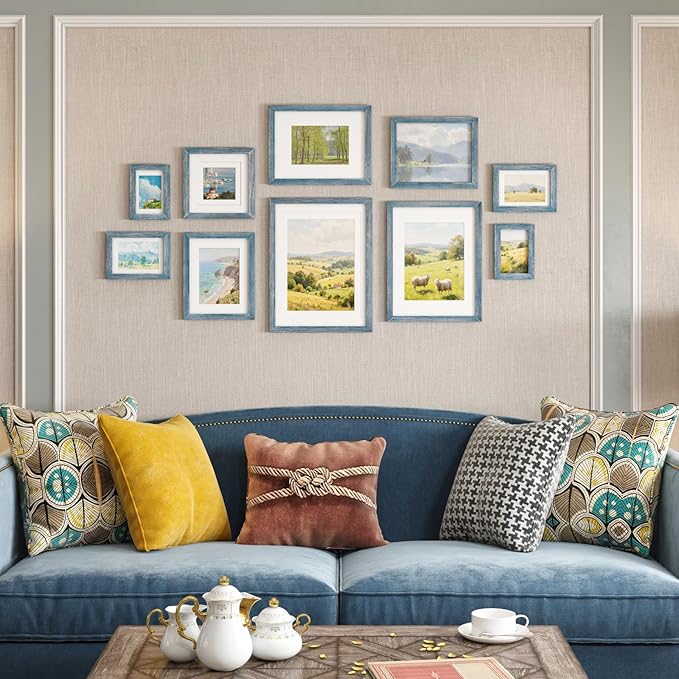 Egofine 4x6 Picture Frames Set of 4, Made of Solid Wood Covered by Plexiglass 3.5x5 with Mat or 4x6 without Mat, for Table Top Display and Wall Mounting Photo Frame Rustic Blue