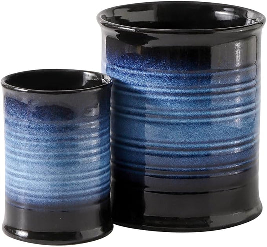 Nihow Utensil Holder: 7.2"+6.4" Ceramic Kitchen Utensil Holder for Countertop, Large Cooking Utensil Crocks for Kitchen Counter, Morden Utensil Organizer for Spatula, Set of 2, Elegant Blue & Black
