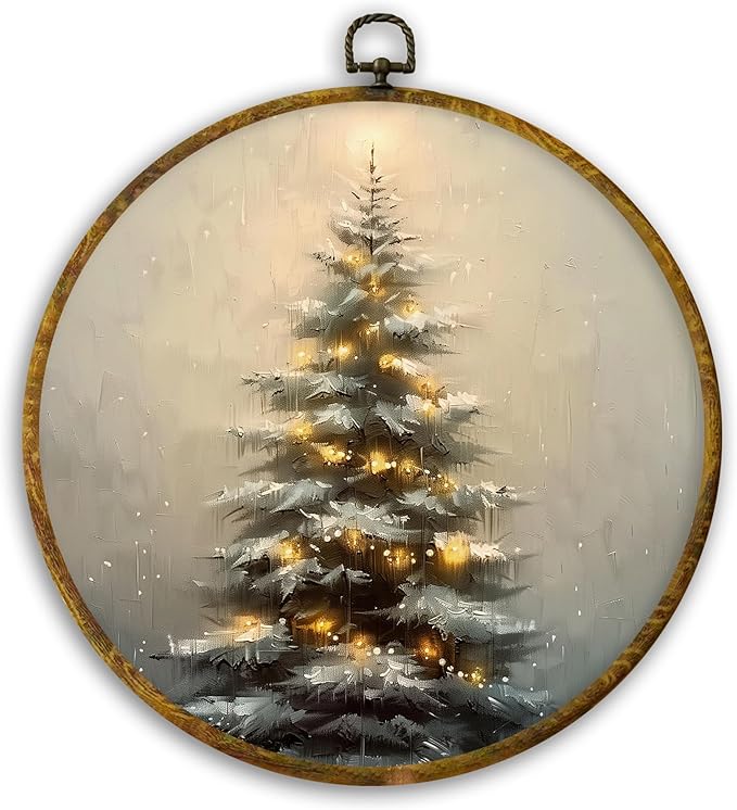 CUANFDDSF Vintage Christmas Tree Round Wall Art Decor, Rustic Cottagecore Forest Winter Xmas Tree Wall Hanging Frame Decor, Farmhouse Christmas Canvas Prints Decorations for Home Bedroom, 10x10 Inch
