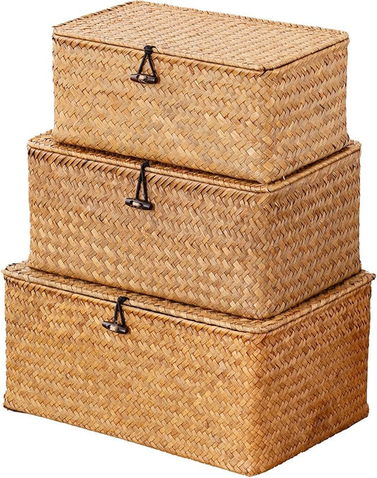 Nonam Handwoven Natural Seagrass Bin with Lid, Set of 3, Shelf Baskets Multipurpose Container for Boho Decoration, Rectangular Household Storage Boxes for Home Organization