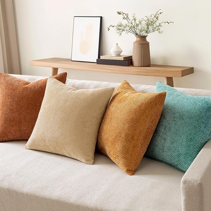 MIULEE Pack of 4 Orange/Teal Couch Throw Pillow Covers 20x20 Inch Yellow Green Soft Decorative Chenille Pillows Farmhouse Accent Cushions for Boho Home Decor Spring Sofa Bedroom Living Room