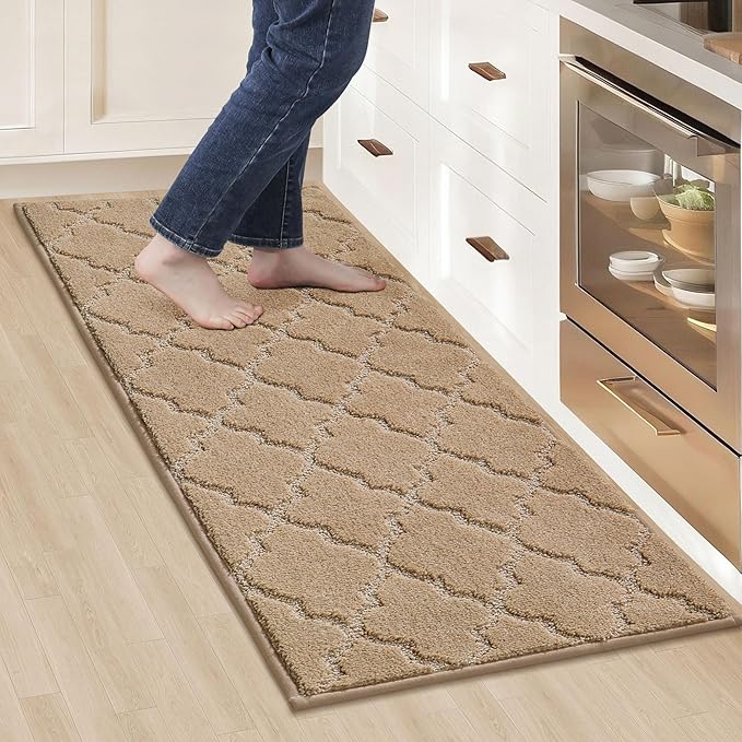 COSY HOMEER-Kitchen-Rugs 20"x48" Non-Slip Absorbent Soft Kitchen Runner Rug Polyester Kitchen Mats for Floor Washable Kitchen Standing Floor Mat for Sink Mat,Hallway,Laundry, Beige