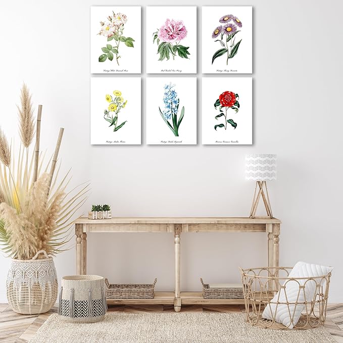 COSCTOR Set of 6 Botanical Floral Wall Art Decor Vintage Flower Market Canvas Framed 6 Pieces Green Plant Sage Minimalist for Bedroom Living Room Bathroom Hallway Home Decoration(Framed, 9x12)
