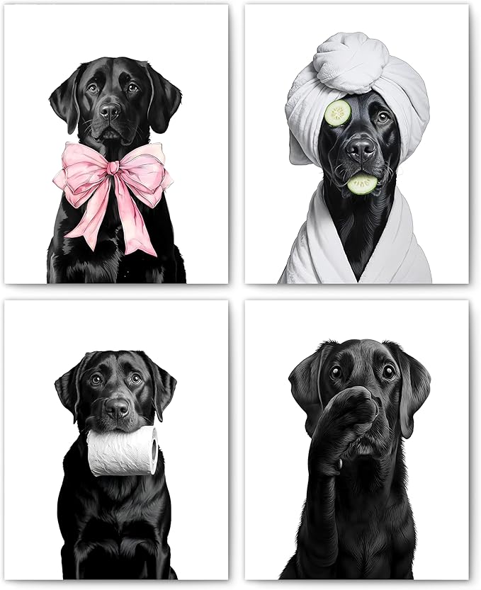 FITIE Funny Black Labrador Retriever Bathroom Wall Art Posters Set of 4, Dog Bathroom Decor, Coquette Bow Humor Black Lab Dog Canvas Prints Artwork Wall Decor for Bath Wash Room, 8x10 Unframed
