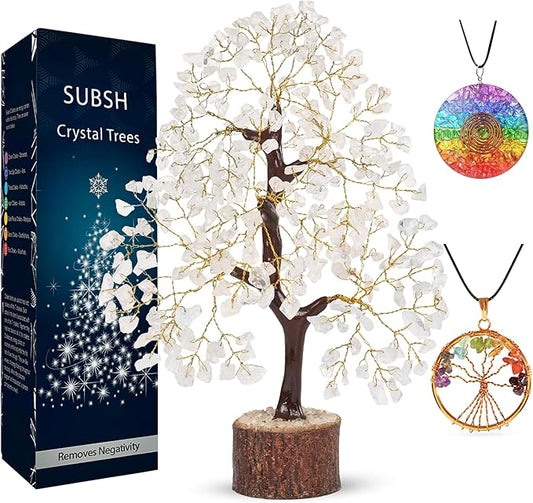 Clear Quartz Gemstone Tree with Chakra Pendants, Crystal Tree, Home Decor, Birthday Gifts for Women, Bonsai Trees for Positive Energy, Crystals & Healing Stones, Office Desk Accessories 10-12"