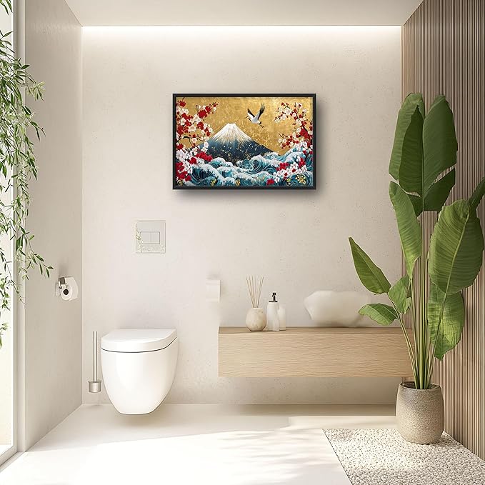 Japanese Large Wall Art for Living Room, Fuji Mountain Oversized Wall Decor Pictures, Ocean Wave Framed Canvas Print Painting, Vintage Artwork for Bedroom Office Home Decor 36"x24"