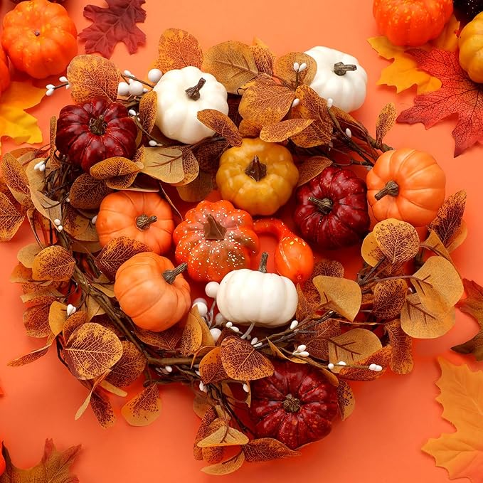 Zeyune 1 Pcs 6ft Long Fall Artificial Garland with Pumpkin Autumn Mixed Eucalyptus Garland Farmhouse Hanging Rustic Fall Wreath Decor for Front Door Kitchen Fireplace Home Indoor Outdoor
