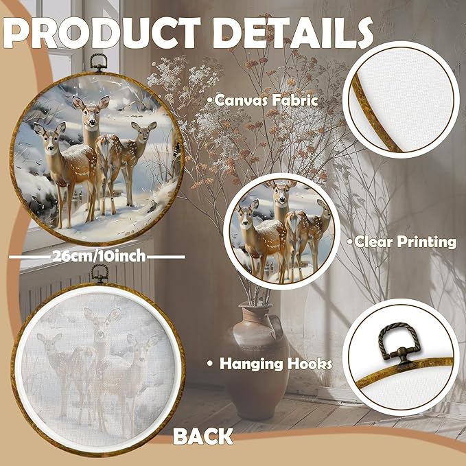 CUANFDDSF Vintage Winter Deer Round Wall Art Decor, Rustic Christmas Winter Deer Wall Hanging Frame Decor, Antique Retro Farmhouse Canvas Prints Decorations for Home Bedroom Living Room, 10x10 Inch