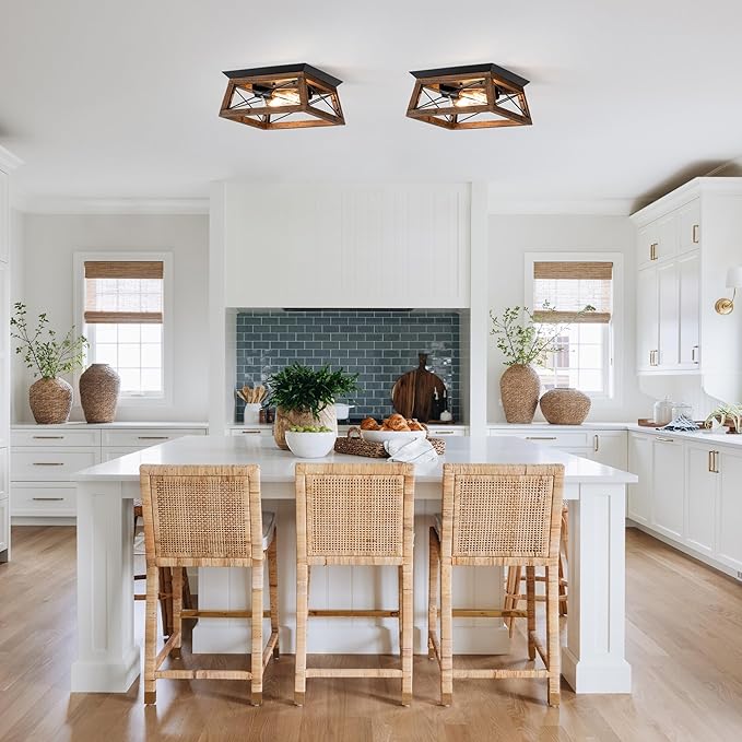 Farmhouse Ceiling Light, 2-Light Flush Mount Light Fixture with Metal and Wood Design, Rustic Light Fixture for Kitchen, Entryway, Hallway, Bedroom