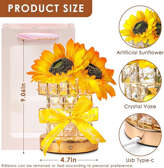 Sunflower Flower Table Lamp Gifts: Mothers Day Birthday Gifts for Women Mom Grandma Sister, Rechargeable Battery Powered Cordless Touch Small Crystal Night Light, Kitchen Bedroom Office Decor