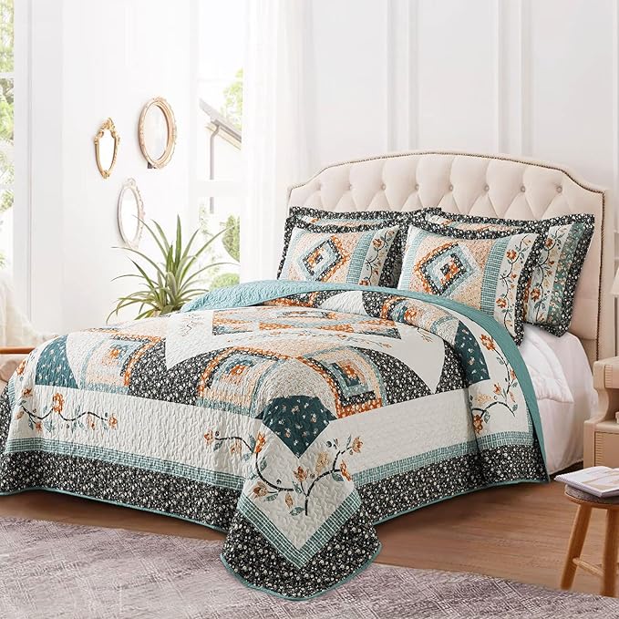 VAPUTAR Queen Size Bedding Set - 3 Pieces, Boho Quilt, Lightweight Reversible Coverlet Bedspread for Farmhouse Bedroom (Floral)