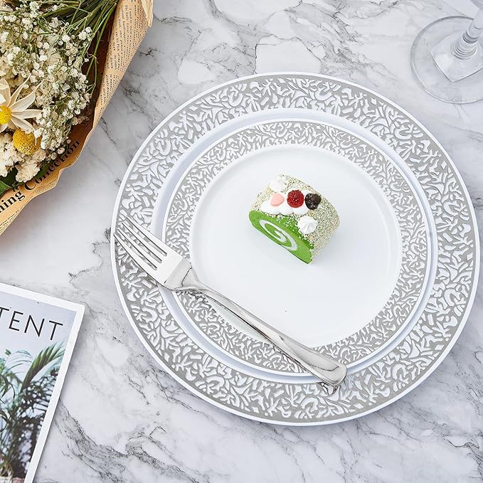 πππ Count Silver Plastic Dinnerware, Silver Disposable Plates, Includes 30 Dinner & 30 Dessert Plates & 30 Cups & 30 Paper Napkins & 30 Plastic Silverware Set