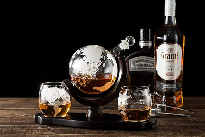 Whiskey Globe Decanter Set with 2 Etched Globe Glasses in Gift Box - Home Bar Accessories for Liquor, Whiskey, Brandy, Gin, Rum, Tequila, Vodka, and Brandy