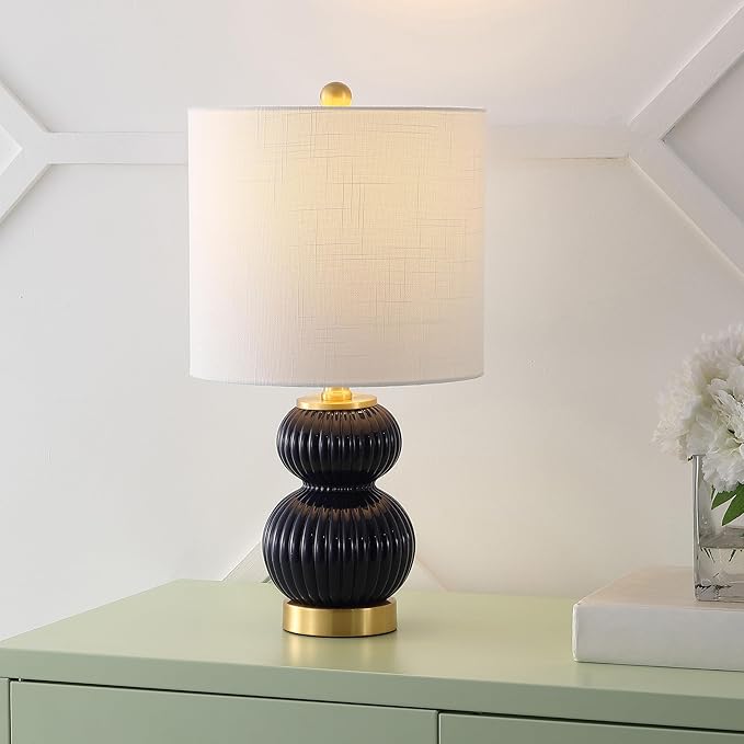 JONATHAN Y JYL1099D Daphne 20" Contemporary Transitional Metal/Glass Ribbed Gourd LED Table Lamp Bedroom, Living Room, Office, Dining Room, Navy/Brass Gold