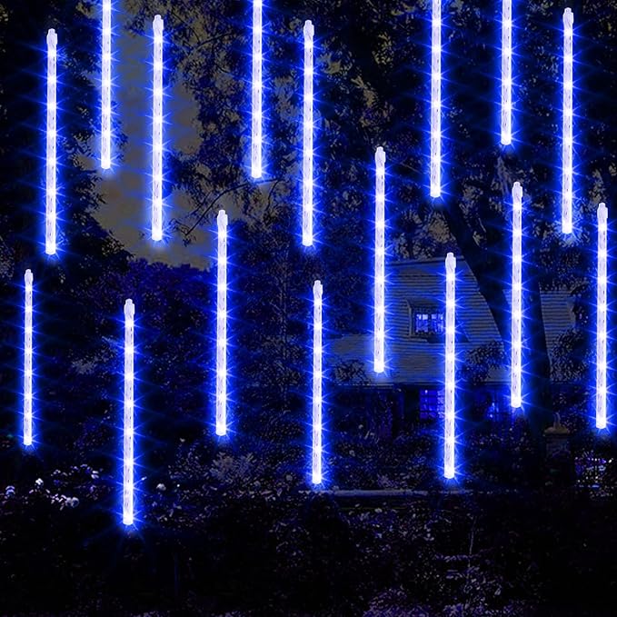 FUNPENY Meteor Shower Rain Lights, 288 LED Christmas Lights Icicle Snow Falling Halloween Light Outdoor Raindrop Light, 30cm 8 Tubes Xmas Tree Holiday Christmas Halloween Decoration, Blue