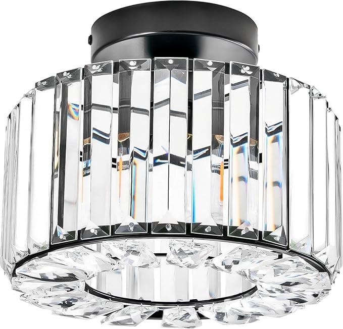 VONLUCE Crystal Light Fixture, Small Chandelier Light Fixture Modern Ceiling Light Fixture for Hallway, Black Semi Flush Mount Ceiling Light for Kitchen Bedroom Living Room Entryway