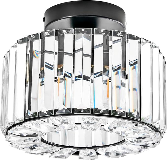 VONLUCE Crystal Light Fixture, Small Chandelier Light Fixture Modern Ceiling Light Fixture for Hallway, Black Semi Flush Mount Ceiling Light for Kitchen Bedroom Living Room Entryway