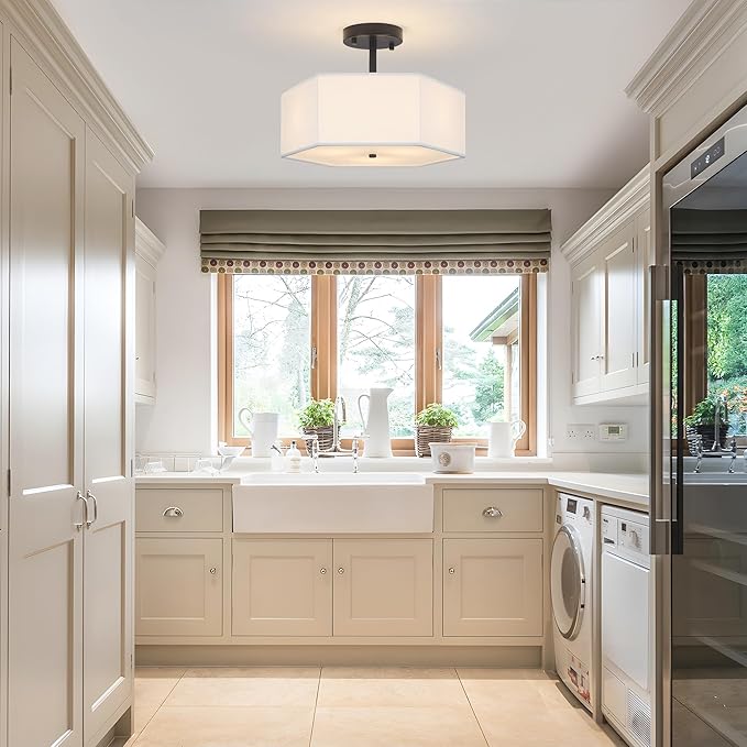 Modern Ceiling Light with White Fabric Shade 3-Light Black Semi Mount Flush Fixture for Bedroom Dining Room Kitchen and Hallway