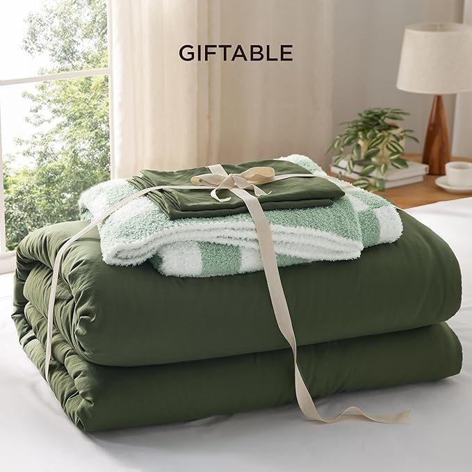 Bedsure Twin Comforter Set with Checkered Throw Blanket for Couch - 3 Pieces, 1 Olive Green Comforter Twin Size, 1 Pillow Sham, 1 Checkered Blanket, Super Soft, Lightweight & Fluffy for Bed & Sofa