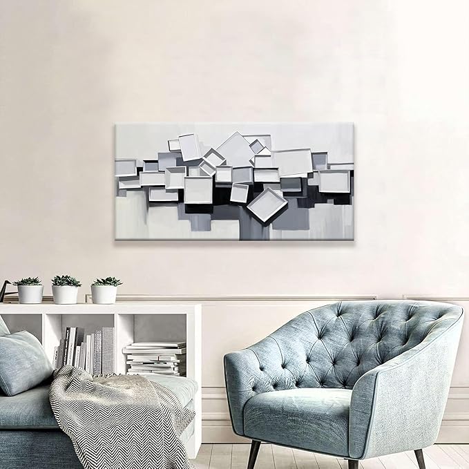 Grey And White Abstract Wall Art Minimalist Wall Art Geometric Color Block Canvas Artwork Paintings Canvas Art Wall Decor Modern Bedroom Art Office Artwork 20"X 40" Ready To Hang