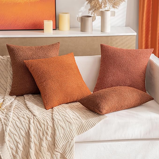MIULEE Fall 18x18 Inch Decorative Pillow Covers for Couch Bed Set of 2 Textured Boucle Neutral Throw Pillows Burnt Orange Accent Solid Cushion Pillowcase Cozy Soft Sofa Livingroom Home Decor