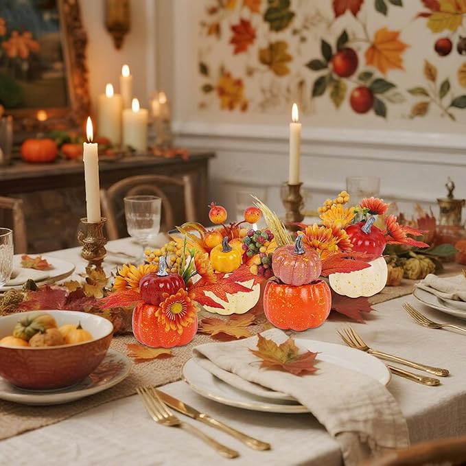 winemana Fall Decorations for Home - Set of 6 Artificial Pumpkins with Maple & Flowers, Thanksgiving Table Decor, Pumpkin Vases Centerpiece for Kitchen Office Indoor