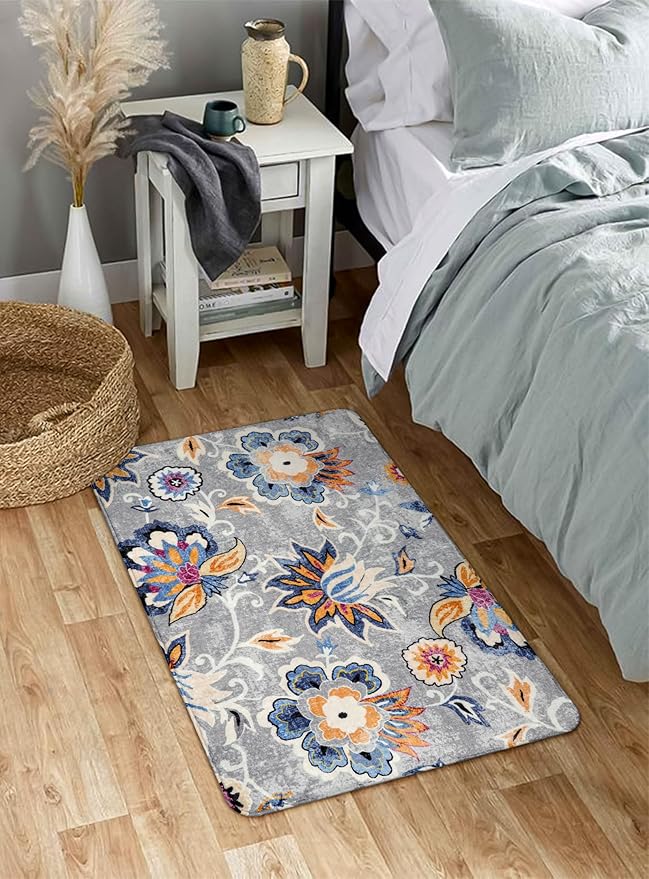 Lahome Floral Indoor Rugs for Entryway - 2x3 Washable Non-Slip Soft Bathroom Rug, Throw Small Area Rug for Bedroom Non-Shedding Grey Paisley Print Doormat Capet for Kitchen Sink Laundry Room Bedside