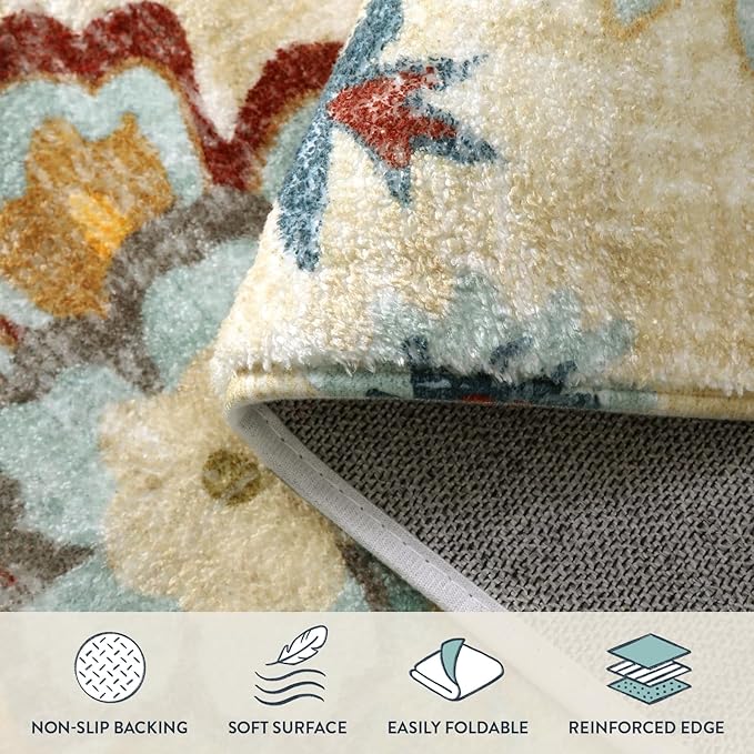 Lahome Floral Round Area Rugs 5Ft - Washable Soft Large Round Rugs for Living Room Non-Slip Throw Lightweight Round Kitchen Rugs, Boho Beige Paisley Print Circle Rugs for Bedroom Office Dining Room