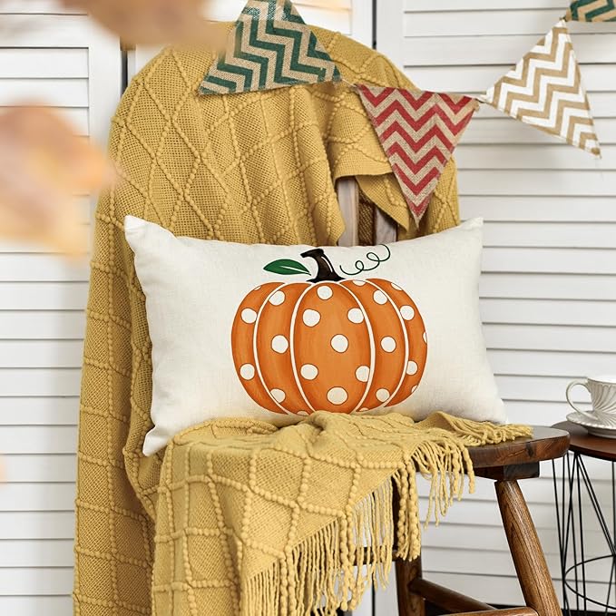 AVOIN colorlife Fall Polka Dots Pumpkin Throw Pillow Cover 12x20 Inch, Seasonal Autumn Thanksgiving Harvest Decoration for Home Sofa Couch