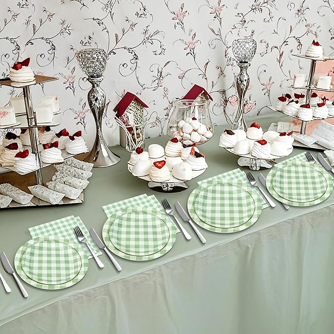180Pcs Green Gingham Party Supplies Paper Plates and Napkins Serve 60 Disposable Tableware Set for Birthday Party Decorations Game Day Family School Holiday Sports Events