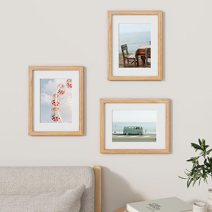 8.5x11 Picture Frame Set of 3, Solid Oak Wood & Tempered Glass, 8.5 x 11 Frame for Wall, Rustic Wood 8.5 by 11 Frames, 8.5x11 Frame with Mat for 6x8, Natural Oak Color