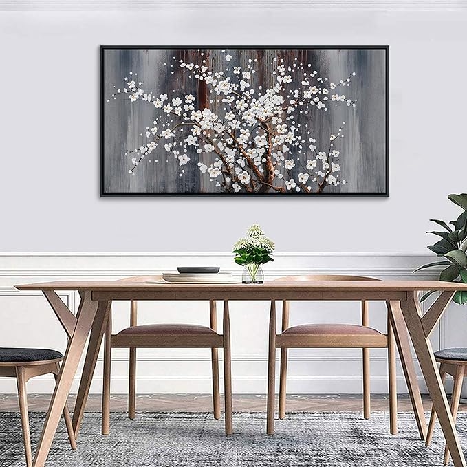 Wall Art for Living Room Large Modern Wall Decor Canvas Paintings for Wall Decorations White Flower Brown Bedroom Office Artwork Plum Blossom Art Prints Framed 20×40IN