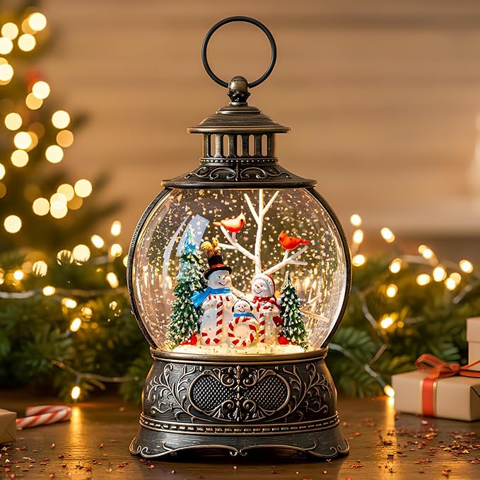 Christmas Snow Globe Lighted Snowman Family&Cardinal Scene, Musical Snow Water Lantern Swirling Glittering Home Decoration and Gift, Battery Operated or USB Powered
