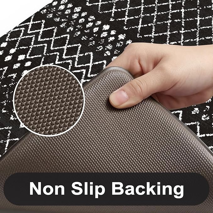 KIMODE Anti Fatigue Mats for Kitchen Floor 17"x47"+17"x29", Black Boho Kitchen Rugs Sets of 2, Cushioned Kitchen Floor Mats, Non Slip Standing Mats for Sink Laundry Office Desk