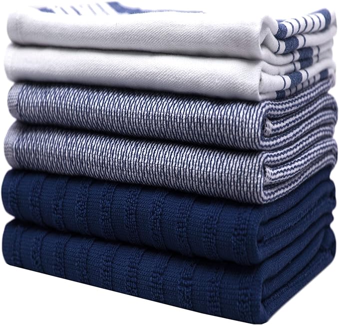 Premium Kitchen Towels 20”x 28”- 6 Pack | Large Cotton Kitchen Towels | Hand Towels for Kitchen | Flat & Terry Towel | Dish Towels | Highly Absorbent Tea Towel with Hanging Loop | Navy Blue Striped